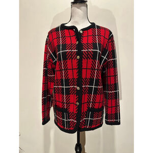 Vintage Tally Ho Plaid Cardigan | 90s Preppy Knit Sweater | Red Black M